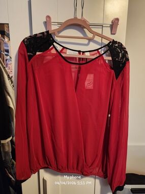 Bisou Bisou Red Blouse with Black Lace Shoulders